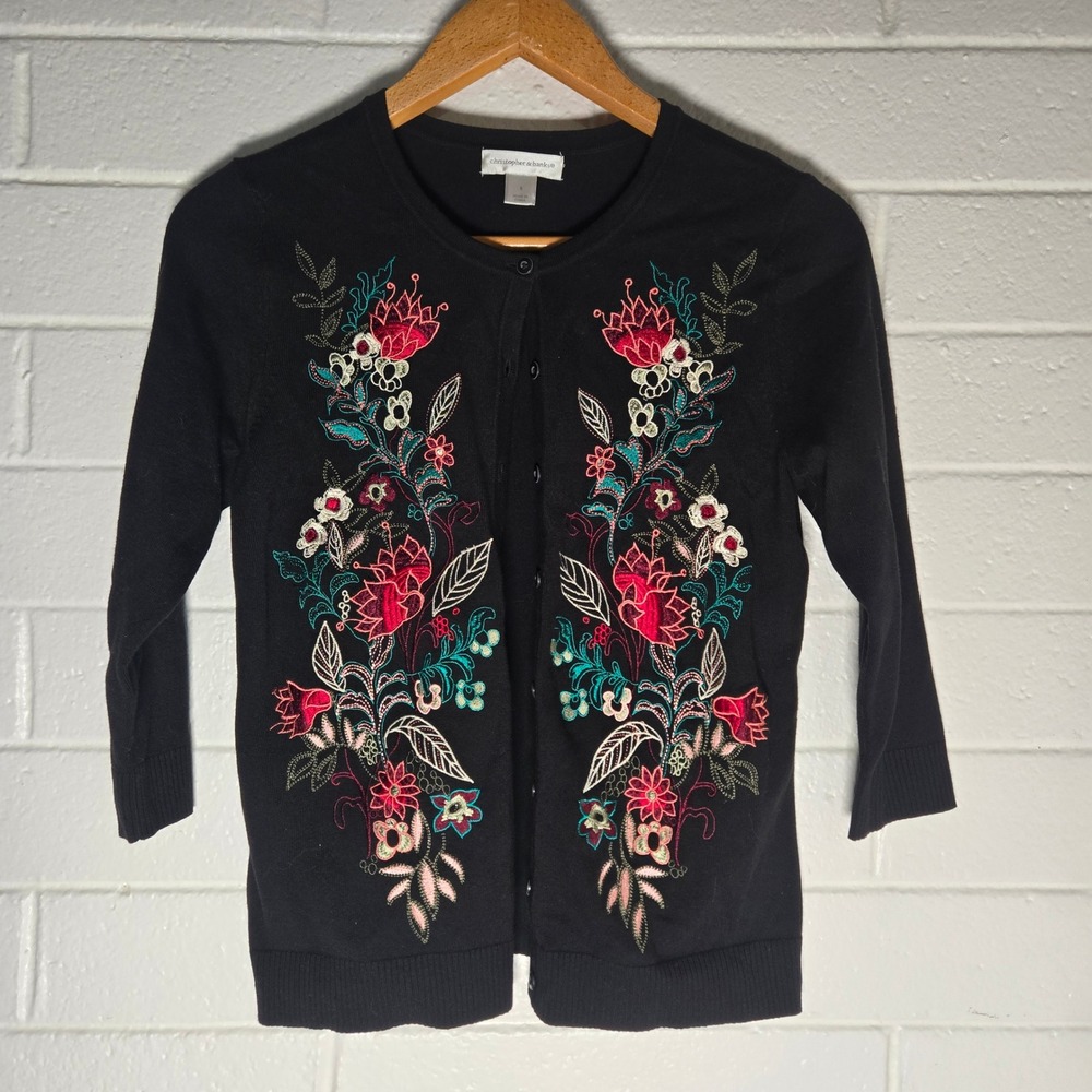Christopher & Banks Cardigan Small Black Floral Embroidered Bohemian Artsy